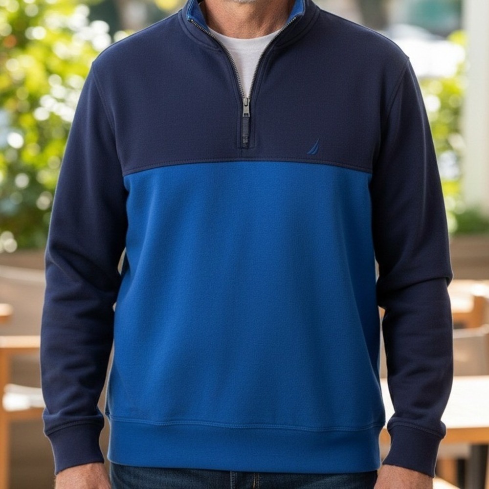 Nautica Mens‎ XXL Quarter Zip Pullover Colorblock Navy Royal Blue Fleece Sweater